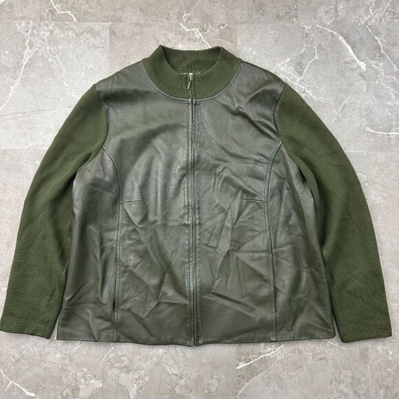 Pendleton Jacket Womens 2X Leather Merino Wool Full Zip Coat Sweater Army Green - Picture 1 of 11